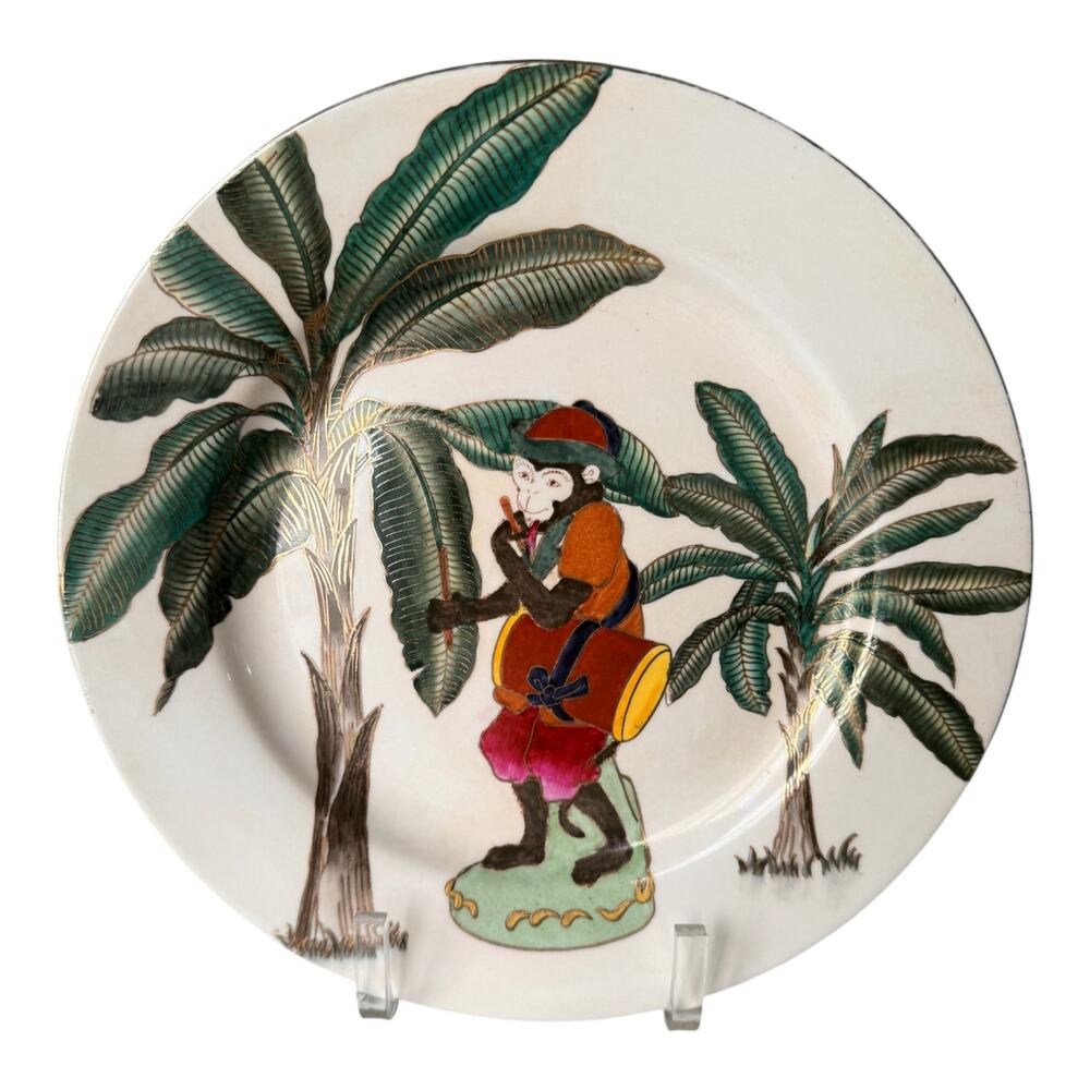 Set of 2 Oriental Accent Monkey Plates Palm Beach Style Chinoiserie Decor 10.5"